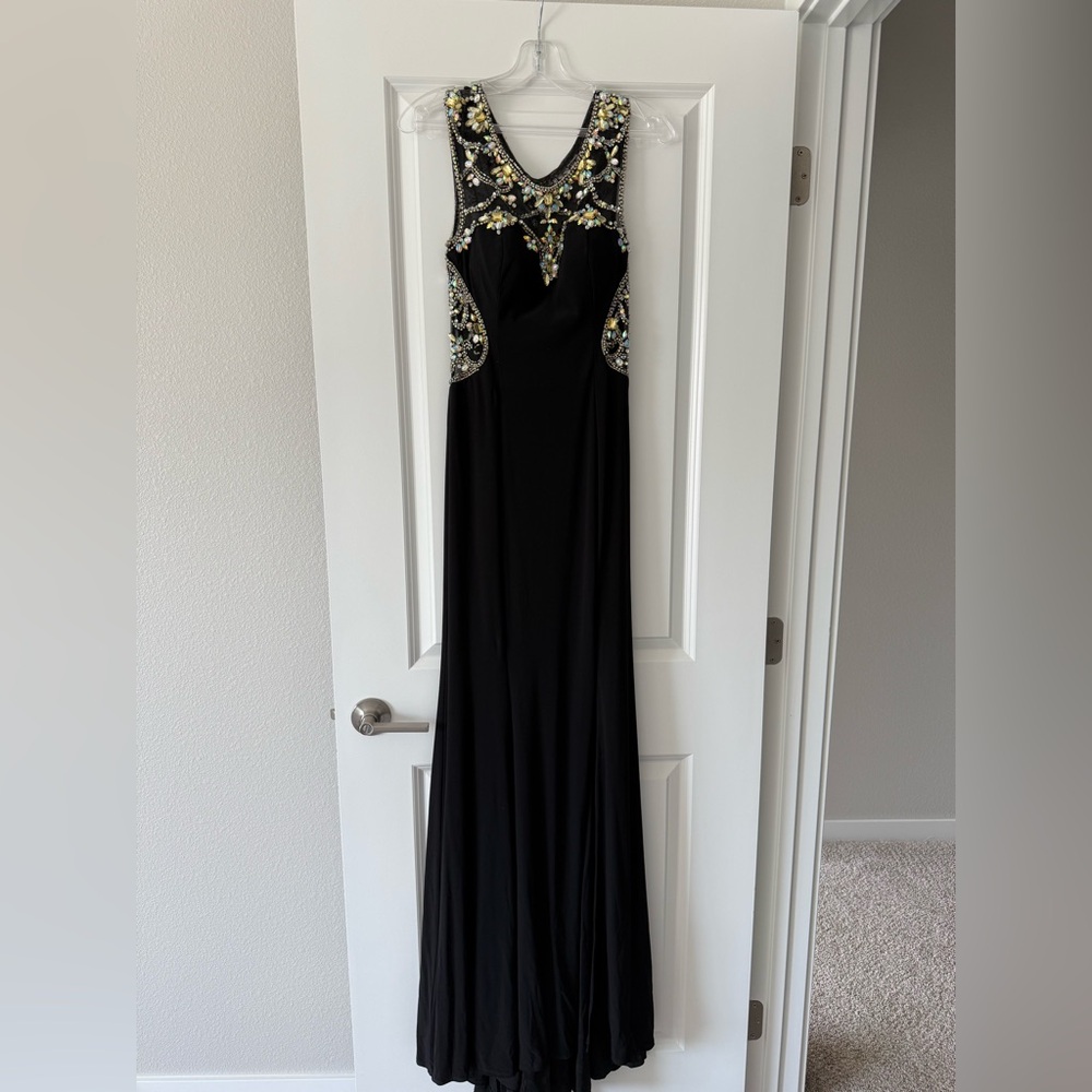 Jovani Black and Gold Embellished Maxi Dress